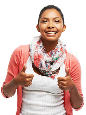 Buy stock photo Portrait of a beautiful young woman showing you the thumbs up