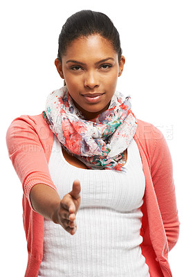 Buy stock photo Portrait of an attractive young woman holding her hand out towards you