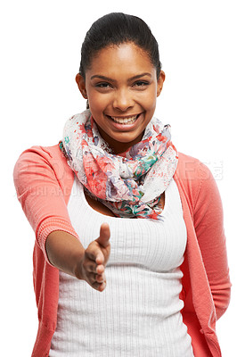 Buy stock photo Portrait of an attractive young woman holding her hand out towards you