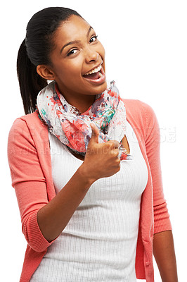 Buy stock photo Portrait of a beautiful young woman showing you the thumbs up