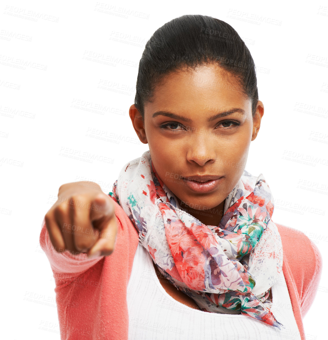 Buy stock photo A beautiful young woman pointing towards the camera