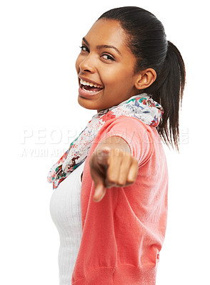 Buy stock photo A beautiful young woman pointing towards the camera