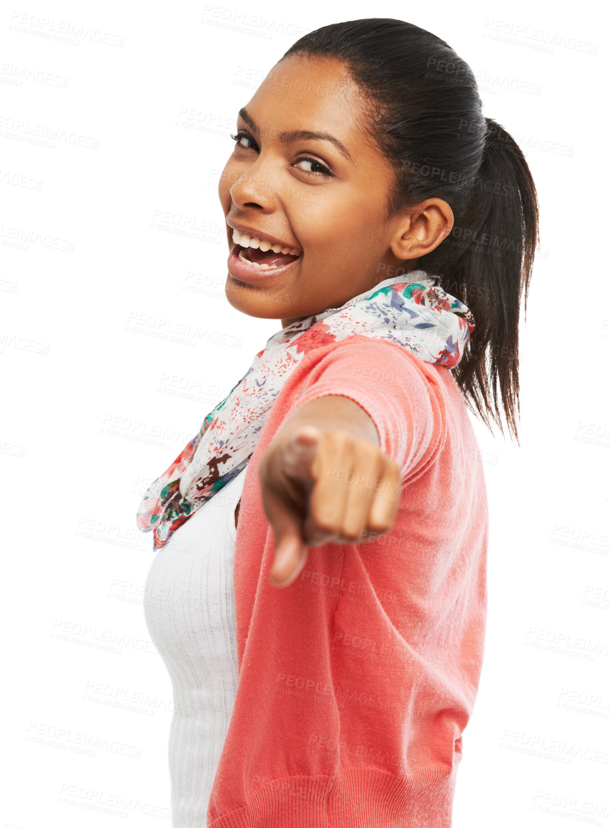 Buy stock photo A beautiful young woman pointing towards the camera