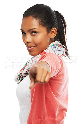 Buy stock photo A beautiful young woman pointing towards the camera