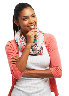 Buy stock photo Portrait of an attractive young woman looking thoughtful with her hand on her chin