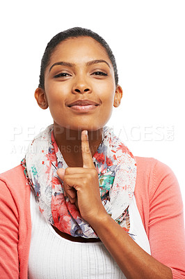 Buy stock photo Portrait of a beautiful young woman looking thoughtful with her finger on her chin