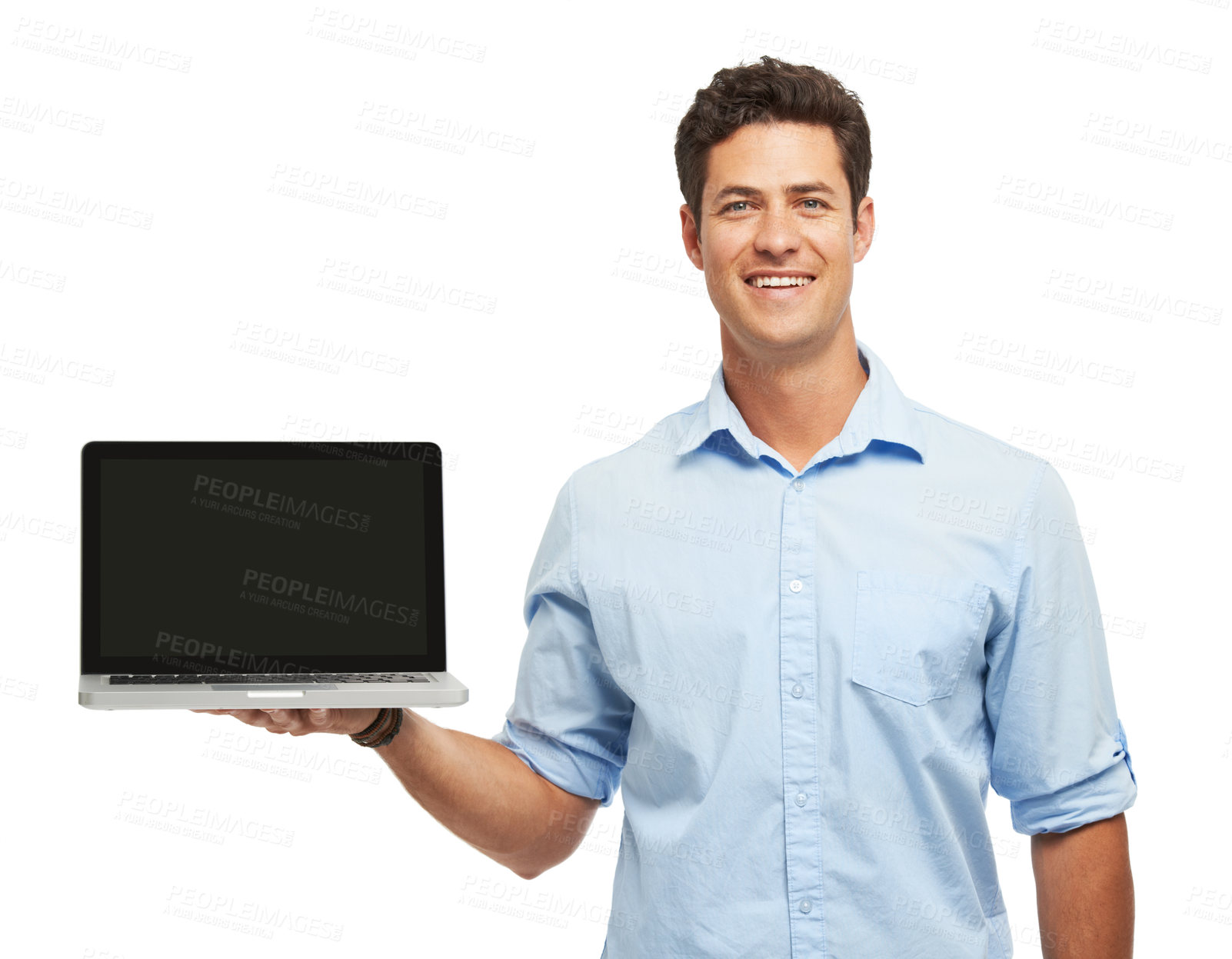 Buy stock photo Man, laptop screen and portrait in studio with mockup space, connection and ui by white background. Person, employee and computer with blank display, happy and networking for job at creative agency