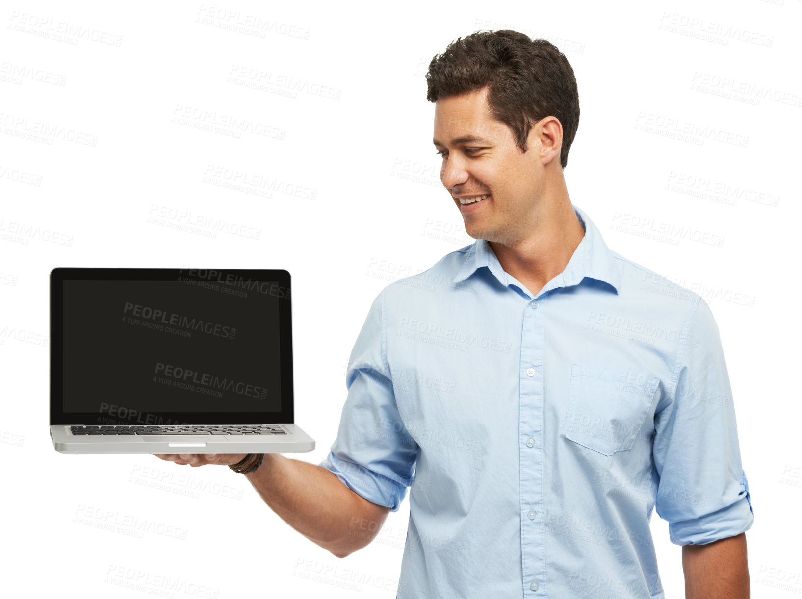 Buy stock photo Man, laptop screen and smile in studio with mockup space, thinking and check ui by white background. Person, employee and computer with blank display, happy and networking for job at creative agency