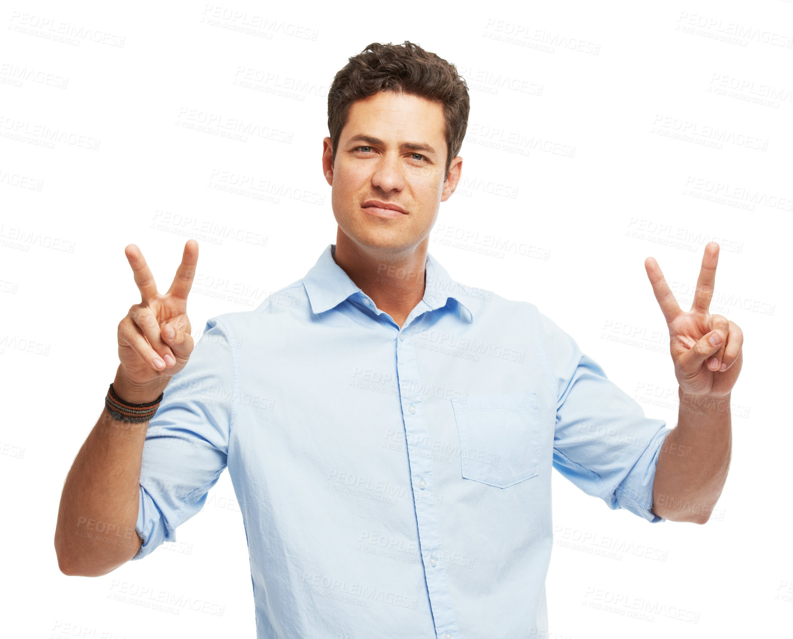 Buy stock photo Hands, peace sign and portrait of man in studio with opinion, review and vote on white background. Calm, icon and male person with symbol of V emoji for voice, opinion and freedom in harmony