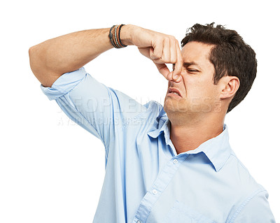 Buy stock photo Man, nose pinch and disgust expression in studio for negative, omg and wtf shock reaction. Model, review and face for bad smell, hygiene or mocking with rejection emoji isolated on white background