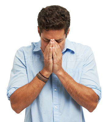 Buy stock photo Allergy, cold or flu and man sneezing in studio isolated on white background with stuffy nose. Covid, hay fever or sinus and reaction to nasal congestion of person with symptom of virus infection