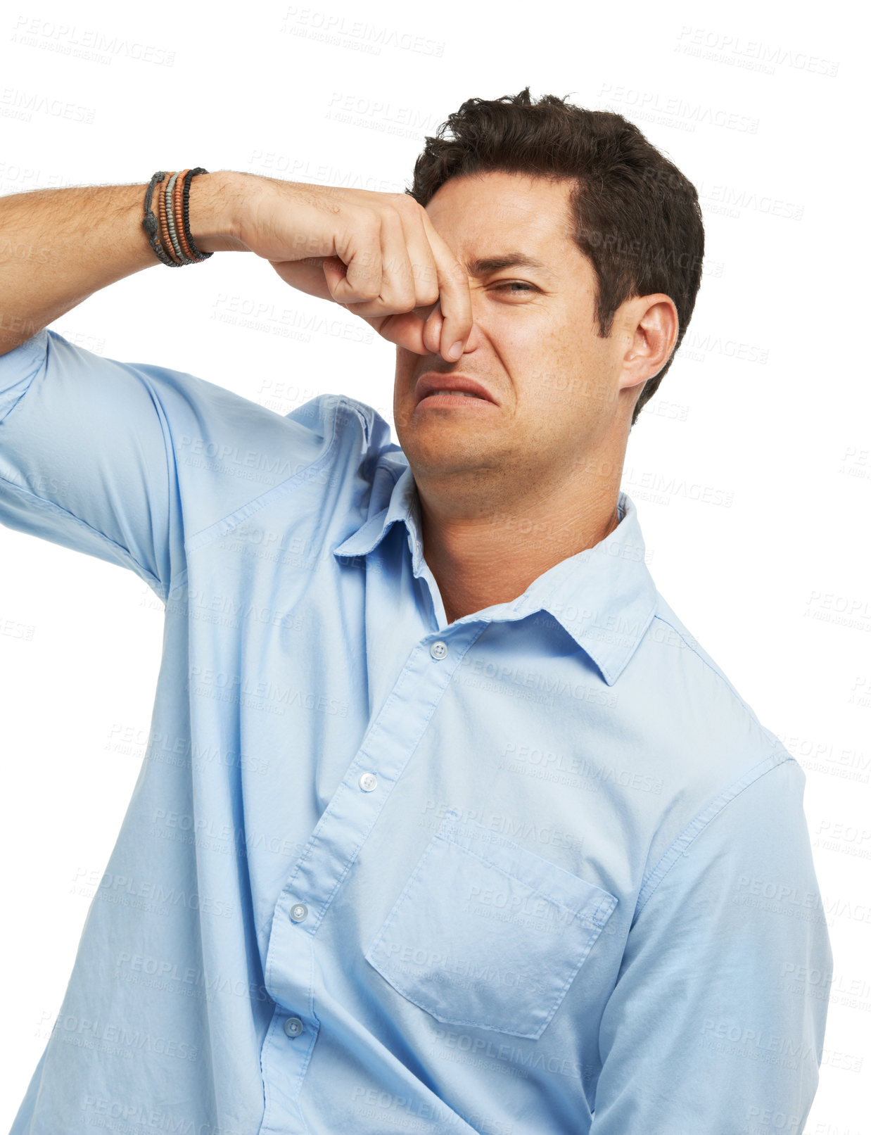 Buy stock photo Man, portrait and nose with disgust in studio for bad odor, problem and stinky smell on white background. Frustrated, male person and hand with reaction for unpleasant, foul and confused for aroma