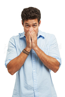 Buy stock photo Cold, flu and portrait man sneezing in studio isolated on white background with stuffy nose. Allergy, covid or sinus and reaction to nasal congestion of person with symptom of virus infection