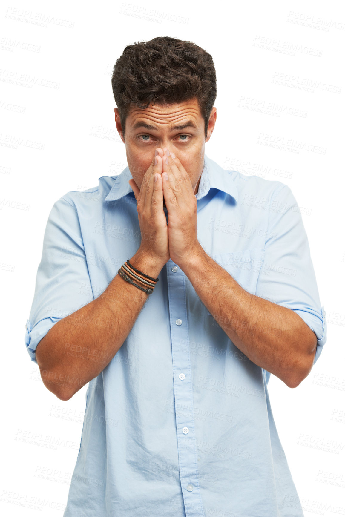 Buy stock photo Cold, flu and portrait man sneezing in studio isolated on white background with stuffy nose. Allergy, covid or sinus and reaction to nasal congestion of person with symptom of virus infection