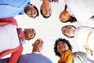 Buy stock photo Circle, below and business people in group collaboration, planning and strategy communication in team building meeting. Teamwork, together and diversity of employees support, solidarity and talking