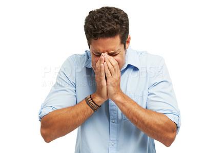 Buy stock photo Cold, flu or sinus and man sneezing in studio isolated on white background with stuffy nose. Allergy, covid or hay fever and reaction to nasal congestion of person with symptom of virus infection