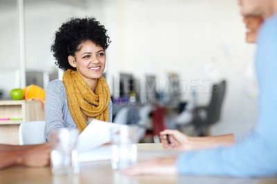 Buy stock photo Communication, happy and woman with friends in office listening to conversation on programmer break. Lunch, smile and employees at it company enjoy casual discussion together in workspace.

