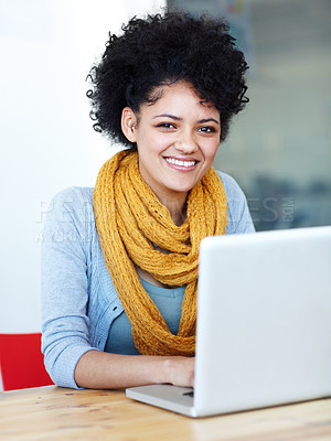 Buy stock photo Laptop, portrait and happy woman or student for online education, studying course and university planning at desk. Creative, smile and face of african person on computer, web and scholarship research