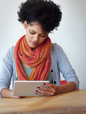 Buy stock photo Tablet, online and young woman in business startup, creative career or entrepreneur with research, management or analysis. Paperless, typing and African person on digital app or technology scroll