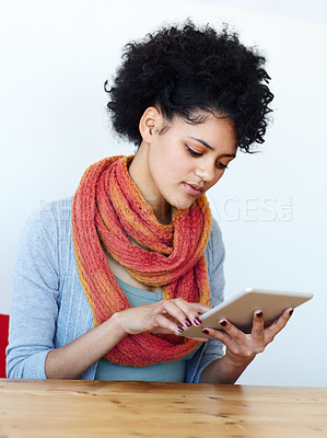 Buy stock photo Tablet, search and young woman thinking of online education, college website or university application results. E learning, scholarship and african person on digital technology, review and research