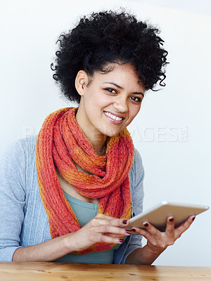 Buy stock photo Tablet, portrait and happy woman or student for online education, studying and university planning at desk. Creative, smile and face of african person on digital technology, web and college research