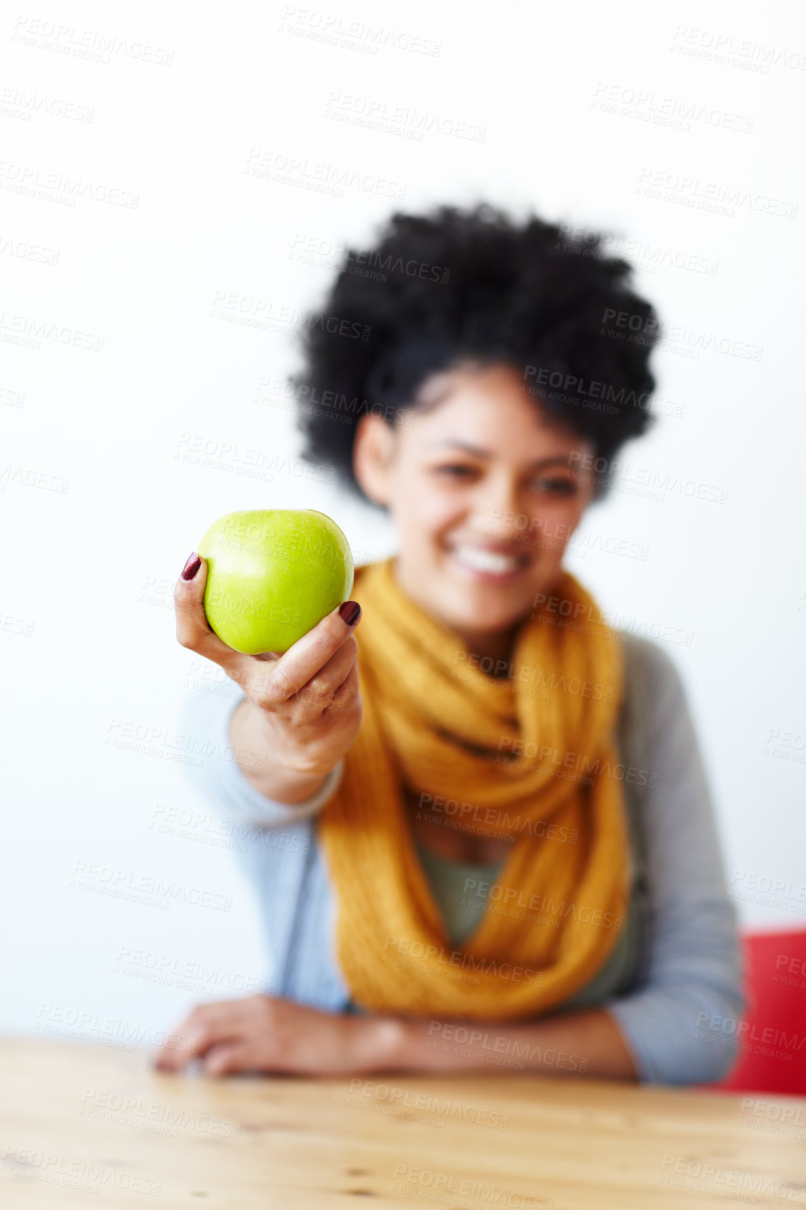 Buy stock photo Happy, giving and hands of woman with apple for wellness, healthy eating and wellbeing. Food, hand out and person with fruit for organic snack with nutrition, vitamins and detox for vegan diet