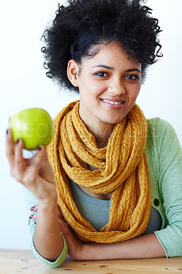 Buy stock photo Apple, happy and portrait of woman in home with healthy, wellness and vitamin snack for weightloss. Smile, nutrition and female person with organic, diet or natural fruit at house in Puerto Rico.