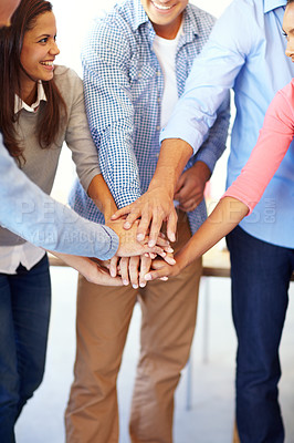 Buy stock photo Team Hands, collaboration and community with a team business people and support in circle in the office. Teamwork, motivation and unity goal with men, women and happy employee group at work together