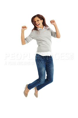 Buy stock photo Excited, jump and portrait of woman in studio with smile, winning and opportunity for business success. Wow, good news and girl with happy energy, celebration and achievement on white background.