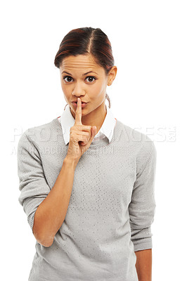 Buy stock photo Woman, portrait and finger with hush, gossip and silence for mystery announcement. Model, studio and secret with rumor, whisper emoji and gesture for news or noise with privacy on white background