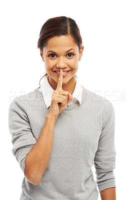 Buy stock photo Portrait, silence and woman with smile, studio and reporter of newsroom, mysterious or creative. White background, hush and journalist with gesture, secret and finger of person for privacy or shut up