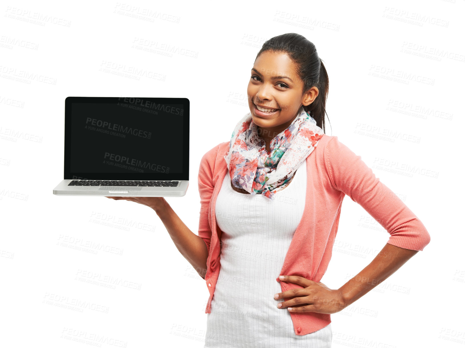 Buy stock photo Happy woman, portrait and laptop with screen for advertising, marketing or online app on a white studio background. Young, female person or model with smile and technology display for mockup space