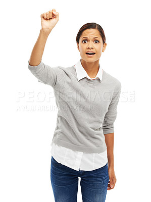 Buy stock photo Business woman, air and fist in studio with white background for knocking, uncertainty and worried face. Female person, hands and portrait for concern, shocked and fail with doubt, confused and hello