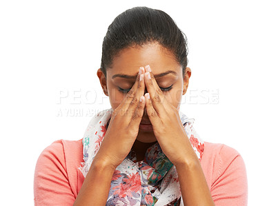 Buy stock photo Headache, stress and woman in studio with worry for medical emergency, sinus issue and inflammation. Burnout, health and isolated person frustrated for tension, strain and pain on white background