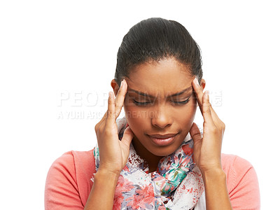 Buy stock photo A young woman battling a migraine while isolated on a white backgorund