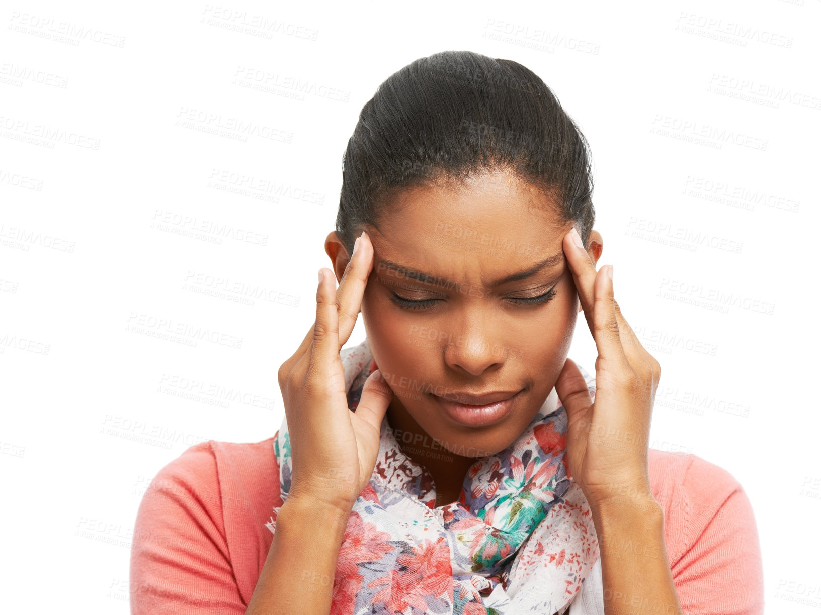 Buy stock photo Headache, stress and face of woman in studio with injury for emergency, accident and inflammation. Burnout, health and isolated person frustrated for tension, strain and pain on white background