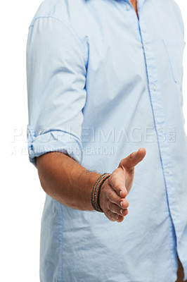 Buy stock photo Cropped image of a young man offering you a handshake while isolated on white