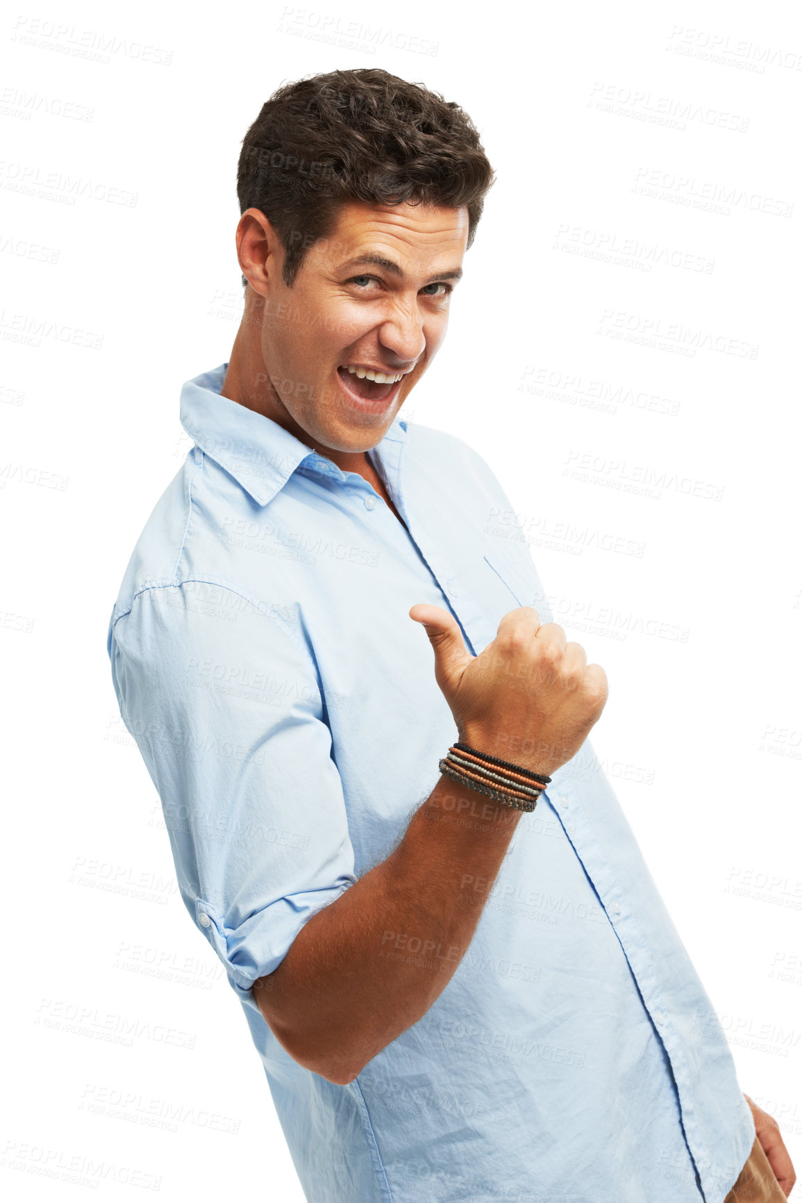 Buy stock photo Thumbs up, man and excited for fashion in studio in white background for style and outfit . Male person, portrait and happy or satisfied with confidence or agree in comfortable clothes and isolated