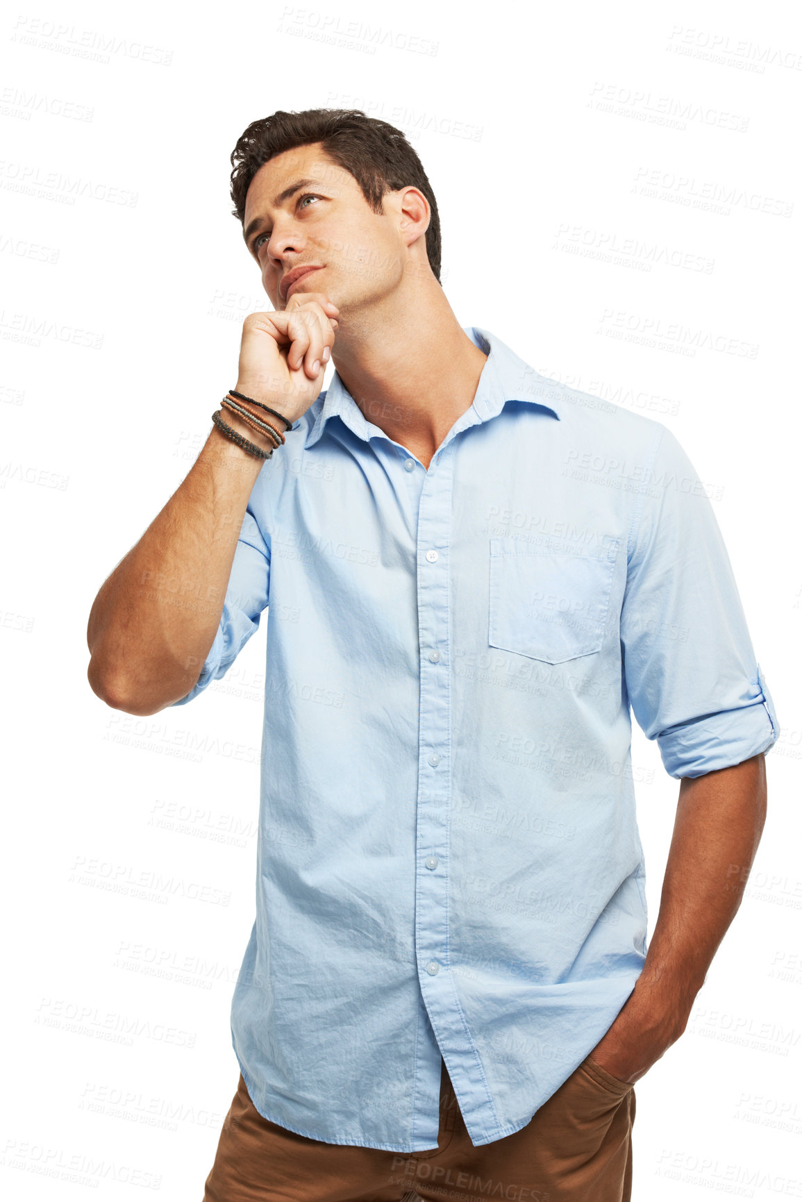 Buy stock photo Decision, thinking and man in studio for solution, innovation or brainstorming for future. Ideas, choice and male writer or author with creative plan for book publishing isolated by white background.