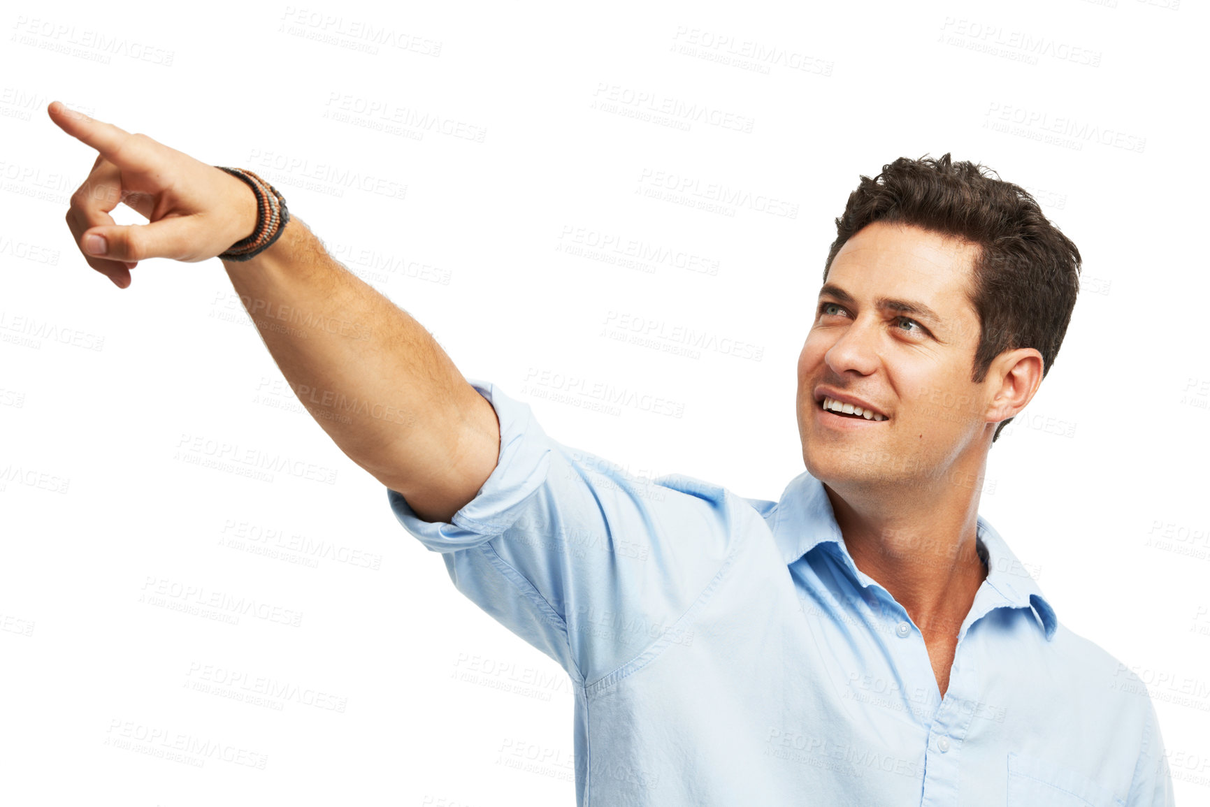 Buy stock photo Announcement, offer and man in studio pointing at promotion, choice or decision for opportunity. Presentation, review and person with smile showing direction, deal info or advice on white background