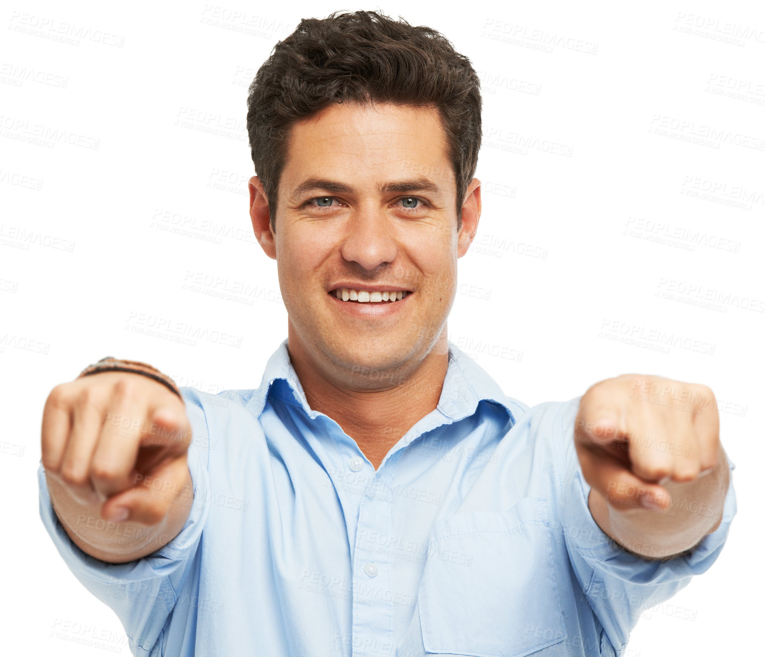 Buy stock photo Studio, offer and portrait of man pointing at you for opportunity, choice review or happy reward. Announcement, vote and person with smile showing direction, deal info or opinion on white background