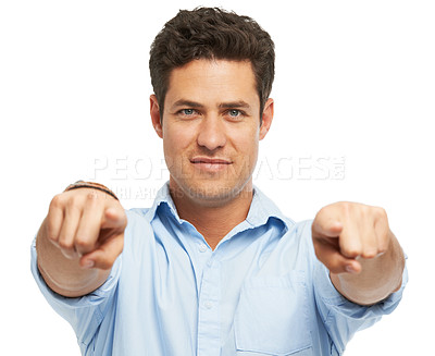 Buy stock photo Studio, opportunity and man in portrait pointing at you for offer, choice review or happy reward. Announcement, vote and person with smile showing direction, deal info or opinion on white background