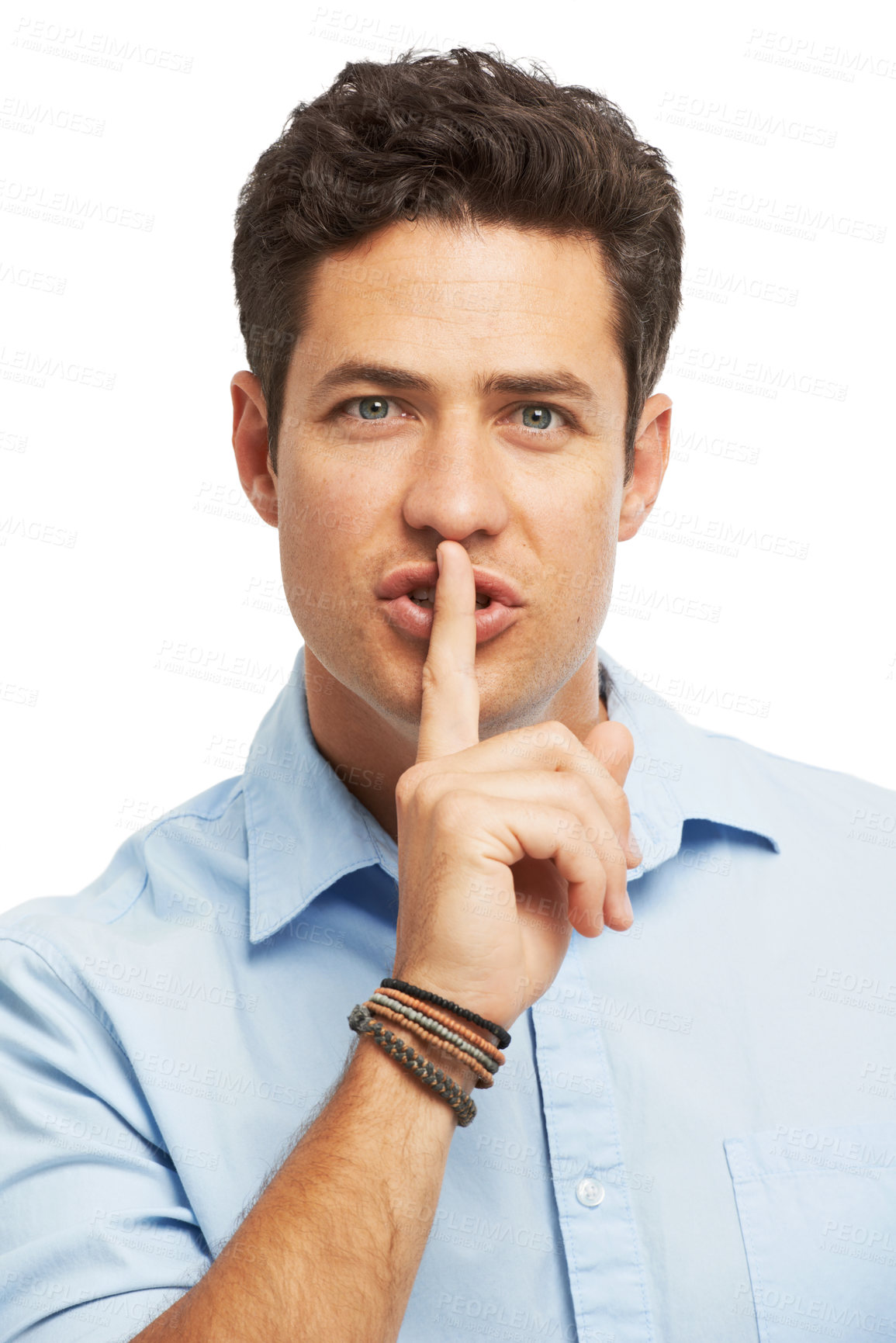 Buy stock photo Model, portrait and finger with hush, studio and silence for mystery announcement. Man, gossip and secret with rumor, whisper and emoji gesture for news or noise with privacy on white background