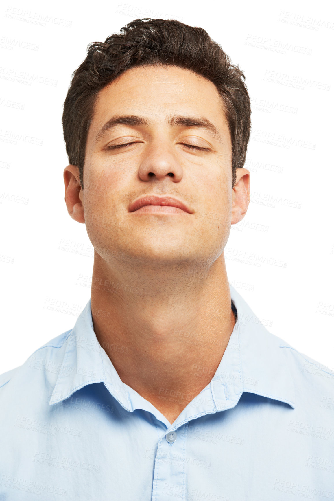 Buy stock photo Businessman, breathe and peace of mind in studio, meditation and calm on white background. Male person, professional and eyes closed for mental health wellness, zen and work balance for healing