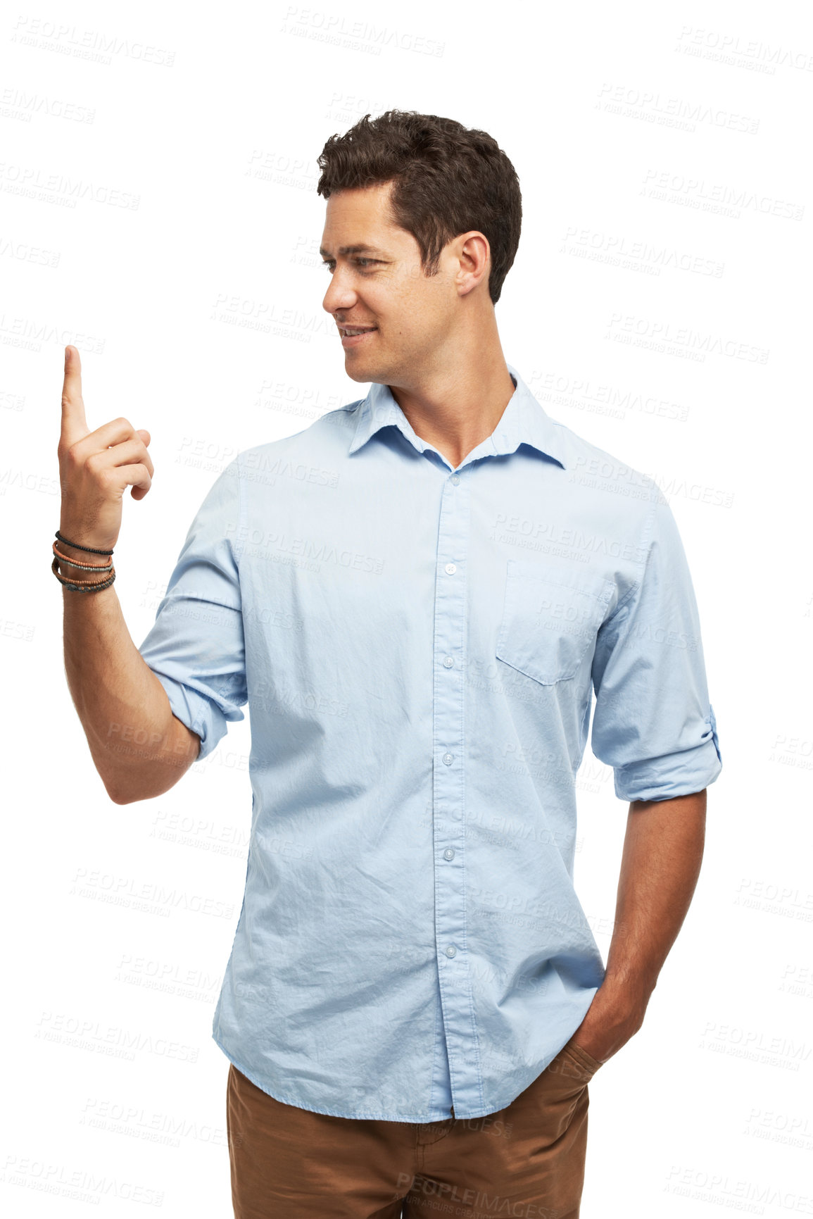 Buy stock photo Finger, pointing and business man in studio for choice, thinking and information on white background. Mockup, professional and isolated person with hand gesture for news, announcement or interface