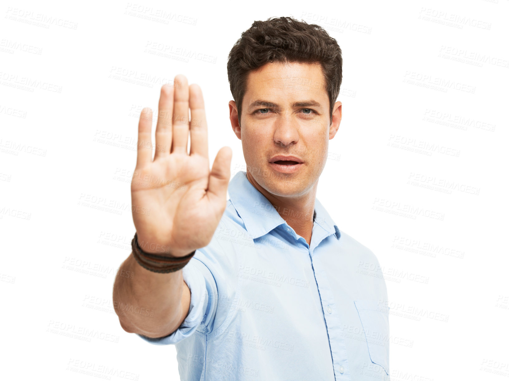 Buy stock photo Stop, hand and portrait of man with gesture for warning, danger or rejection for compliance in studio. Risk, wait and person with no sign, emoji or security block for consent on white background 