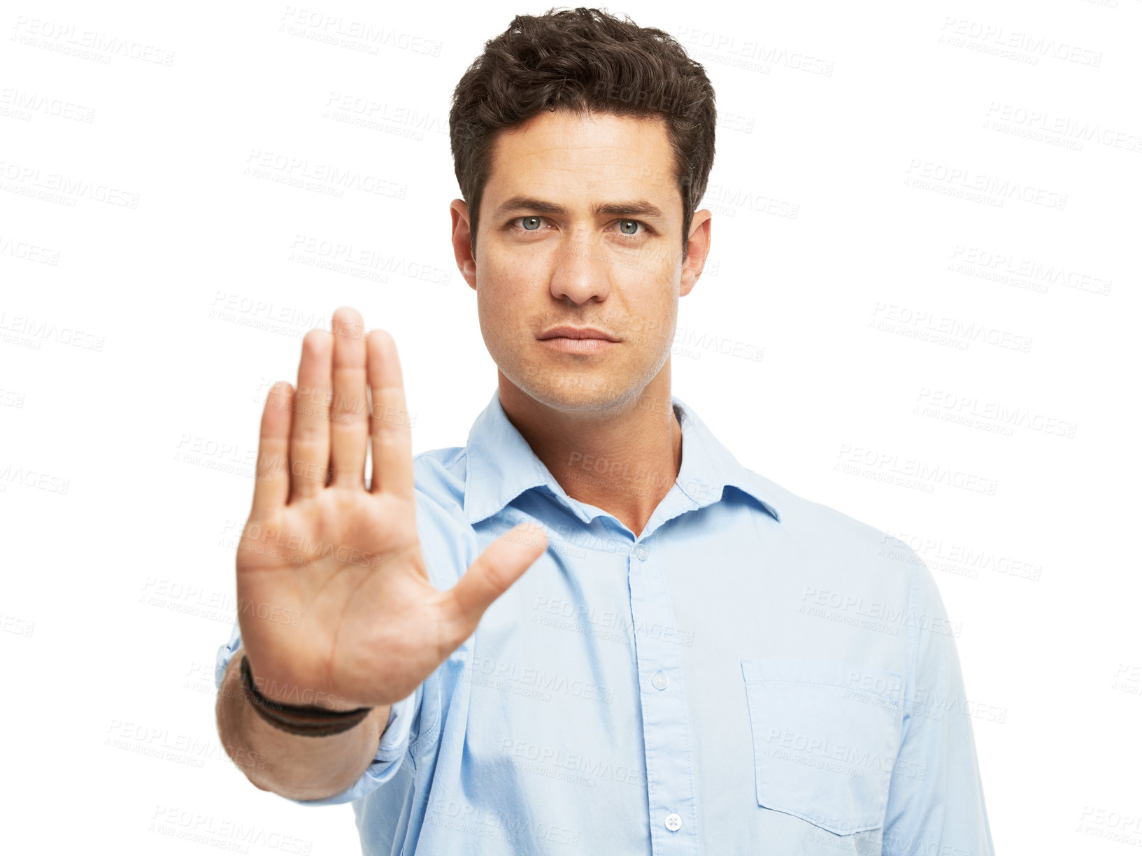 Buy stock photo Stop, hand and portrait of man with sign for warning, danger or rejection for compliance in studio. Risk, wait and person with no gesture, emoji or security block for consent on white background 