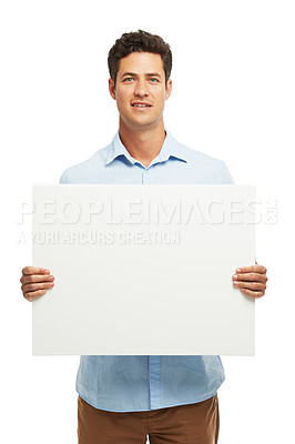 Buy stock photo Mockup, banner and portrait of man in studio for news, announcement and information. Text space, promotion and isolated person with sign, poster and billboard for advertising on white background