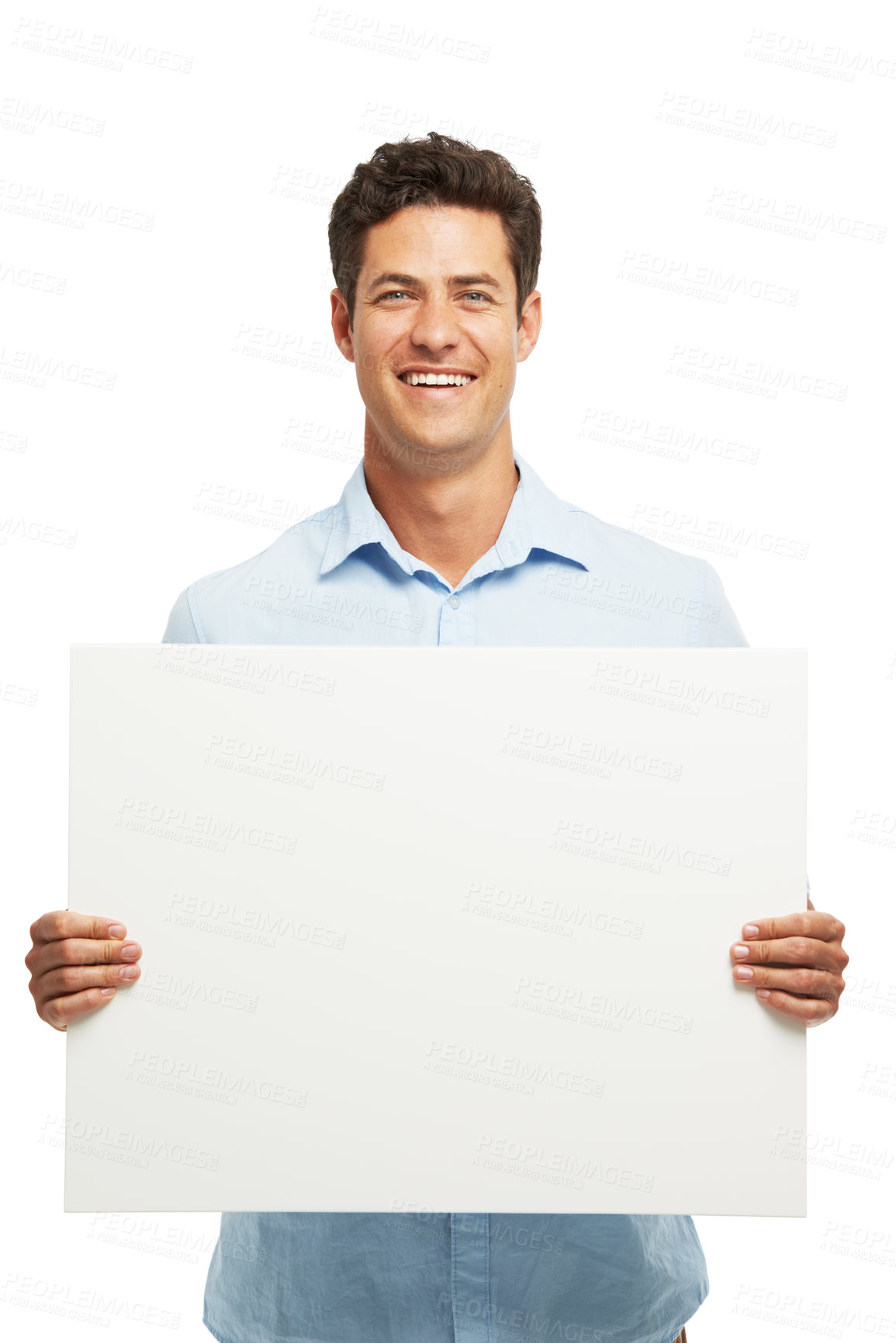 Buy stock photo Happy, poster and portrait of man in studio for news, announcement and information. Mockup space, promotion and isolated person with sign, banner and billboard for advertising on white background