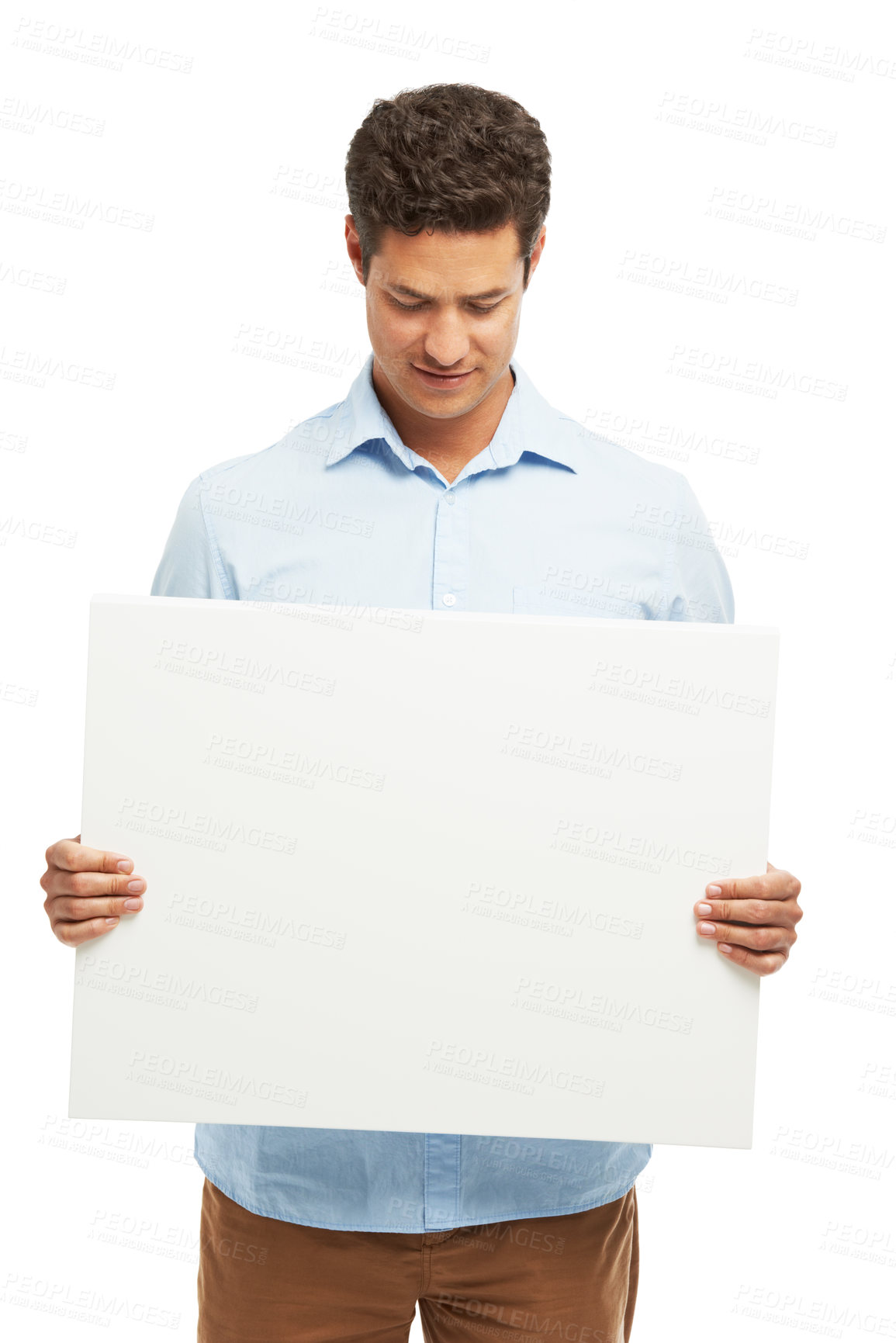 Buy stock photo Banner, poster and man in studio for news, announcement and information on white background. Mockup space, promotion and isolated person with sign, bulletin and billboard for advertising sale